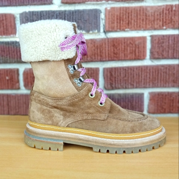 NWT AGL Genuine Shearling Lined Kid-Suede Lace-Up Boots in Tobacco Sz. 7 - Picture 2 of 7